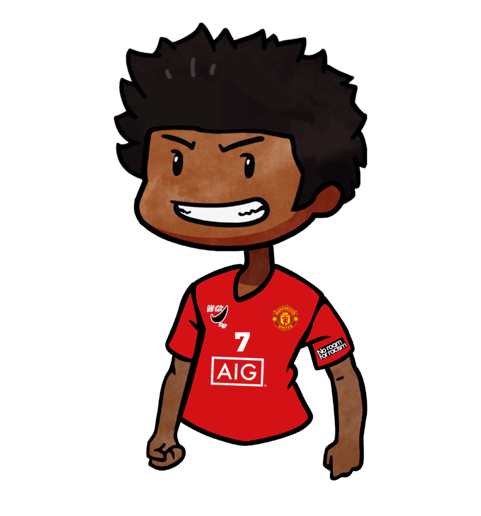 Chibi masculin au teint foncé, cheveux texturés, portant un maillot de Manchester United.